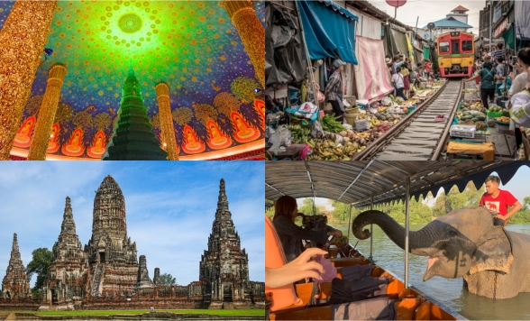 メークロン線路市場+ワットパクナム+世界遺産アユタヤ遺跡観光＜ボート乗船＆象との触れ合い体験付き＞